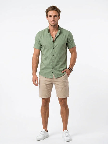 Momount Men Linen Shirt – Long Sleeve Slim Fit Point Collar Classic - Green - front