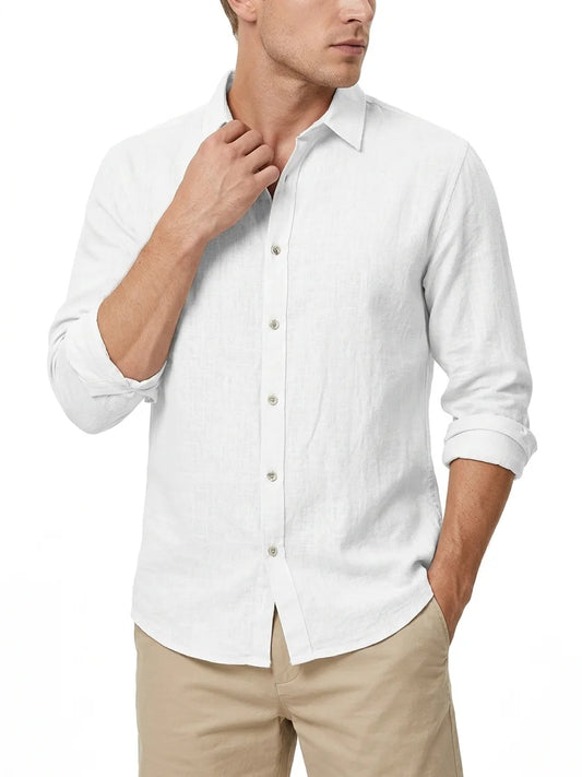 Momount Men Linen Shirt – Long Sleeve Button Up Relaxed Fit Beach - White - closeup