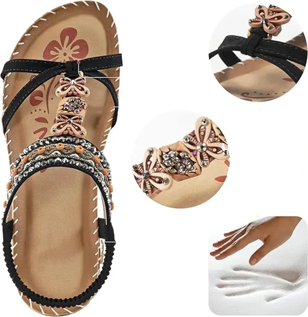 Momount Women Slingback Sandals – Teal Boho Beaded Rhinestone Flat