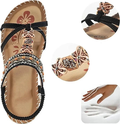 Momount Women Slingback Sandals – Teal Boho Beaded Rhinestone Flat