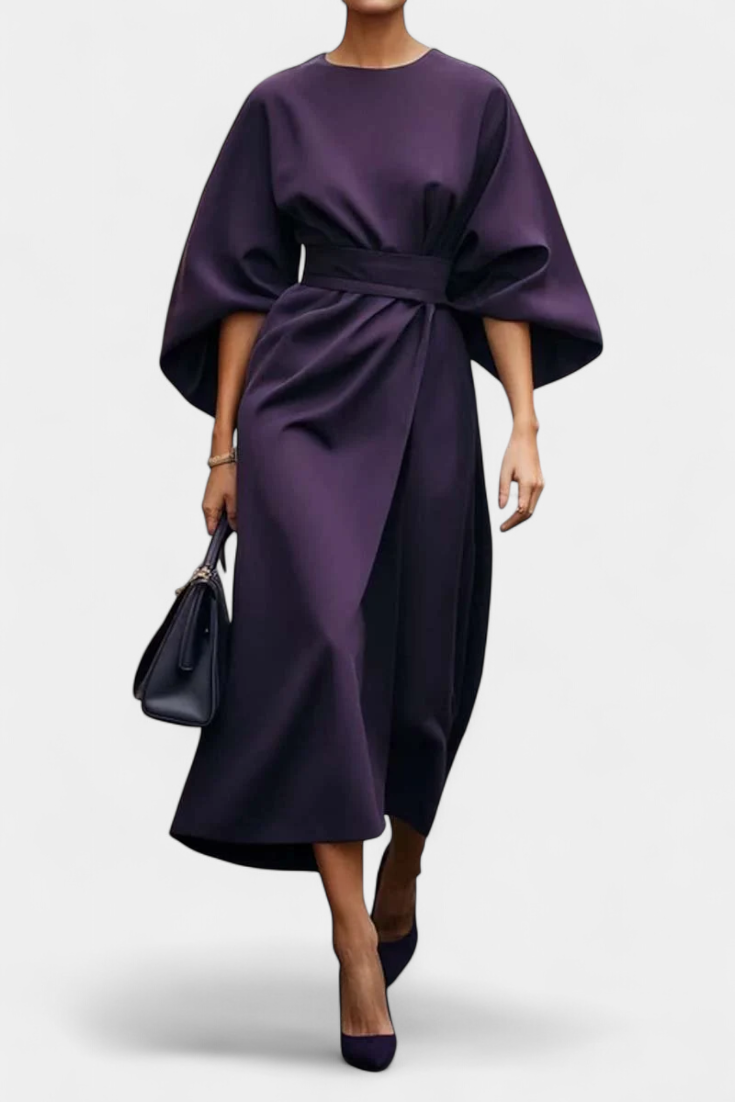 Momount Women’s Work Midi Dress – Belted Loose Fit Wide Sleeve Elegant Office Dress