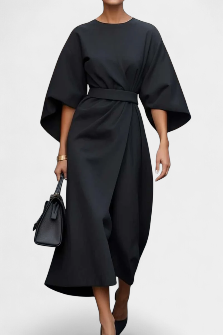 Momount Women’s Work Midi Dress – Belted Loose Fit Wide Sleeve Elegant Office Dress