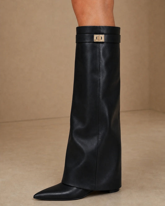 Women's black leather-effect boot, pointed toe, gold clasp and concealed wedge detail.