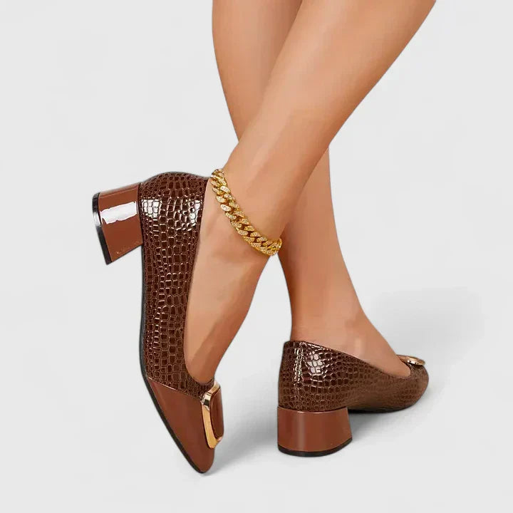 Ophelia | Gold Chain Crocodile Block Heel Loafers
