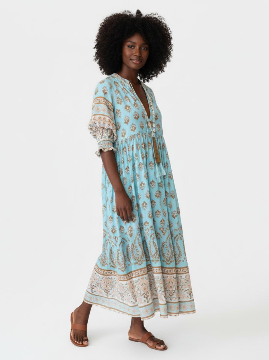 Momount Women's Boho Maxi Dress – Flowy Loose Fit 3/4 Sleeve Summer Be