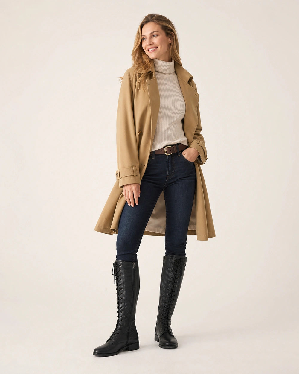 Women's black lace-up knee-high boots with a low block heel, hero view.