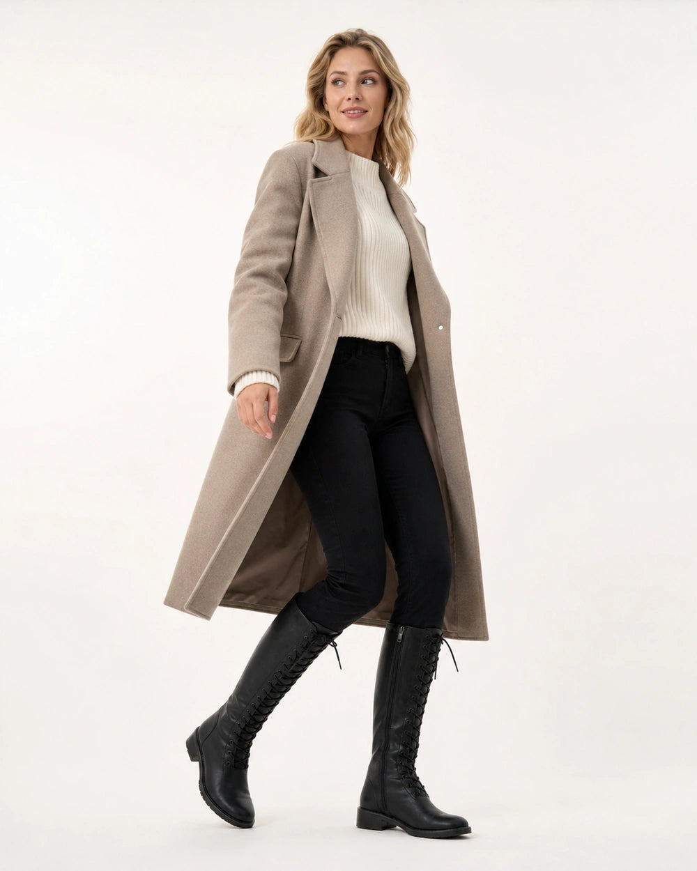 Women's black lace-up knee-high boots, full silhouette.
