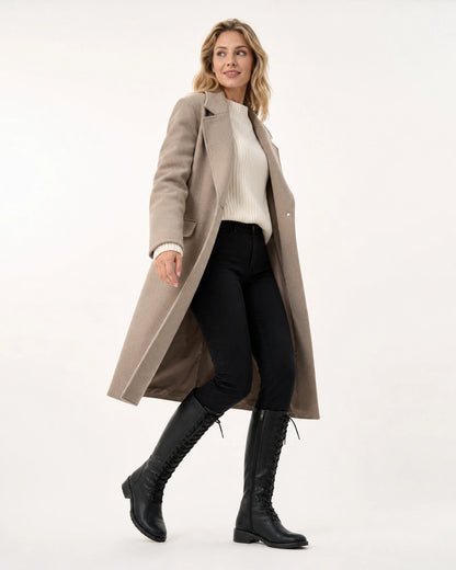 Women's black lace-up knee-high boots, full silhouette.