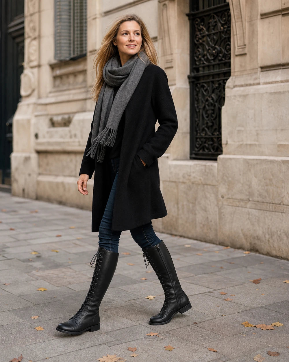 Women's black lace-up knee-high boots, autumn city walking view.