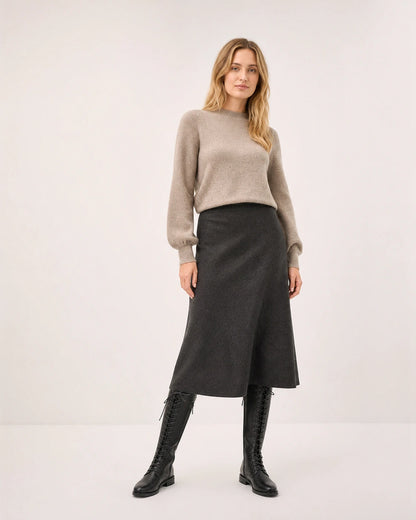 Women's black lace-up knee-high boots with refined skirt styling.