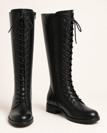 Women's black lace-up knee-high boots, product-only pair.