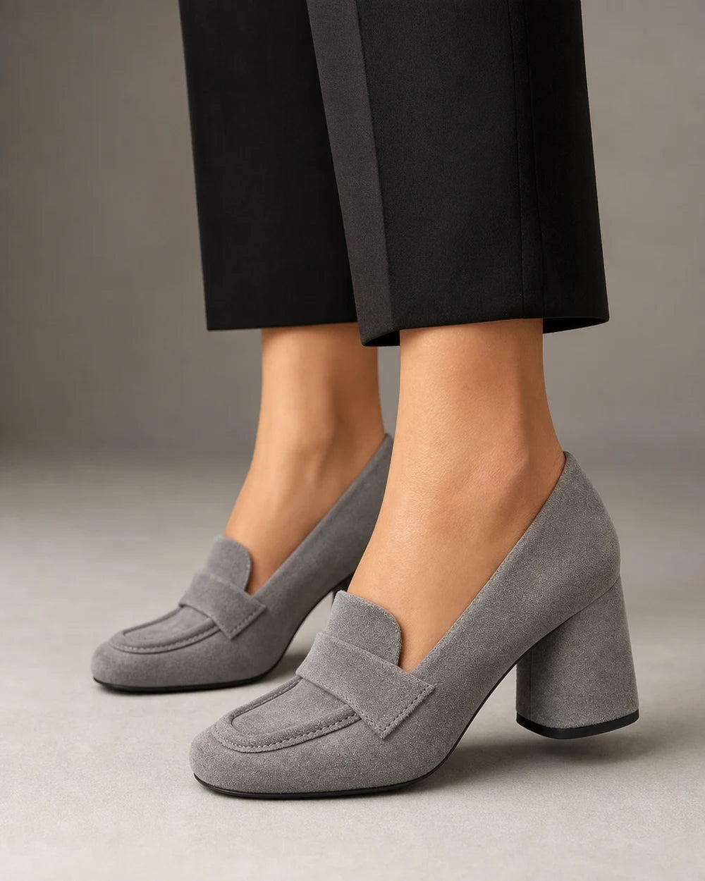 Ravenna | Vintage Suede Block Heel Penny Loafers — loafers-for-women-block-heel-slip-on-grey-01-worn-hero.webp