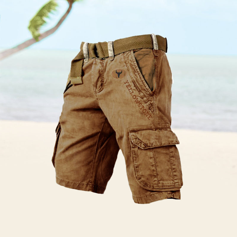 Momount Men Cargo Shorts – Washed Cotton Belted Vintage Distressed Knee Length