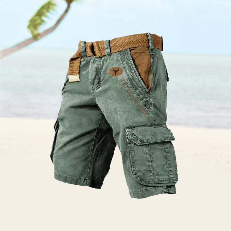 Momount Men Cargo Shorts – Washed Cotton Belted Vintage Distressed Knee Length