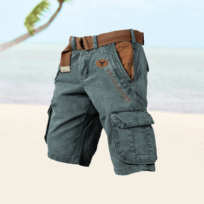 Momount Men Cargo Shorts – Washed Cotton Belted Vintage Distressed Knee Length