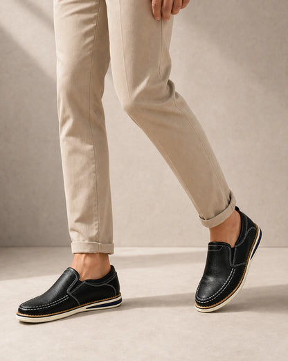Men's Hand-Stitched Elastic Slip-On Loafers — image 6 — mens-elastic-panel-loafers-black-06-walking.webp