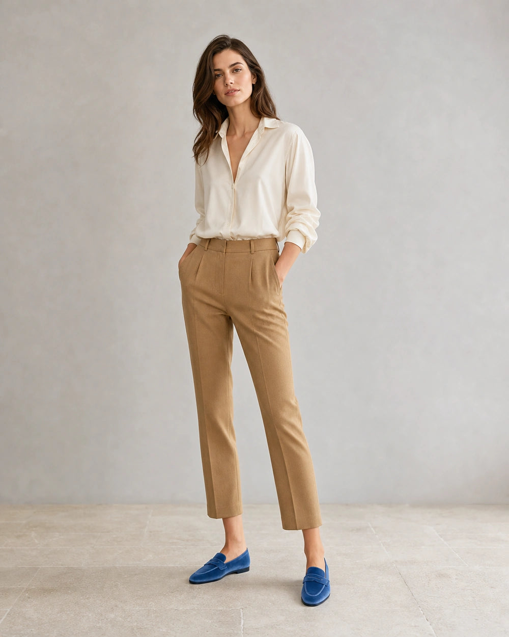 Women's Blue Tonal Penny Loafers — worn by a model