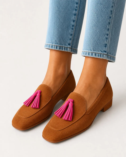 Women's Cognac Loafers with Pink Tassels — product image 1