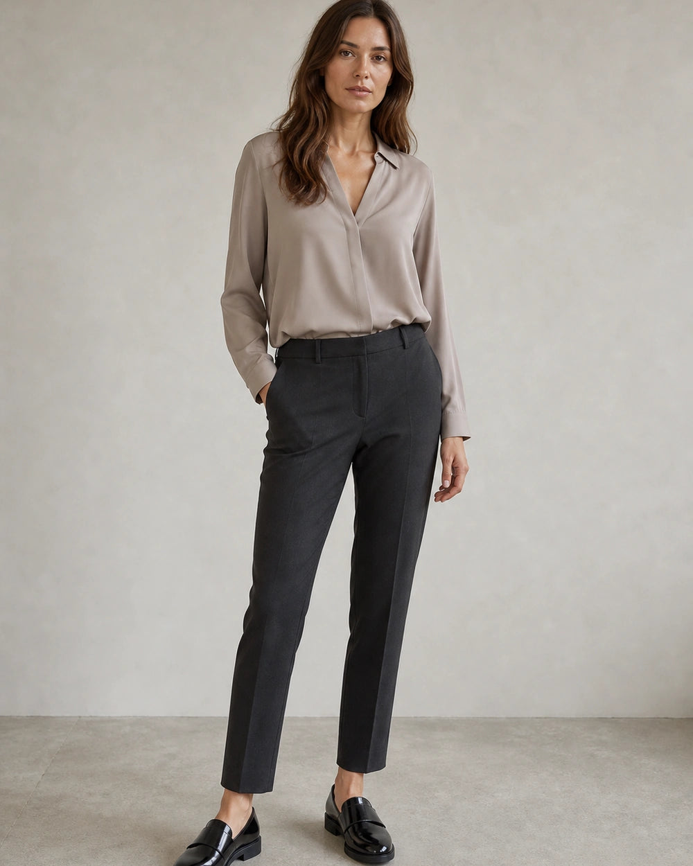Women's Black Patent Loafers with Buckle Strap — worn by a model