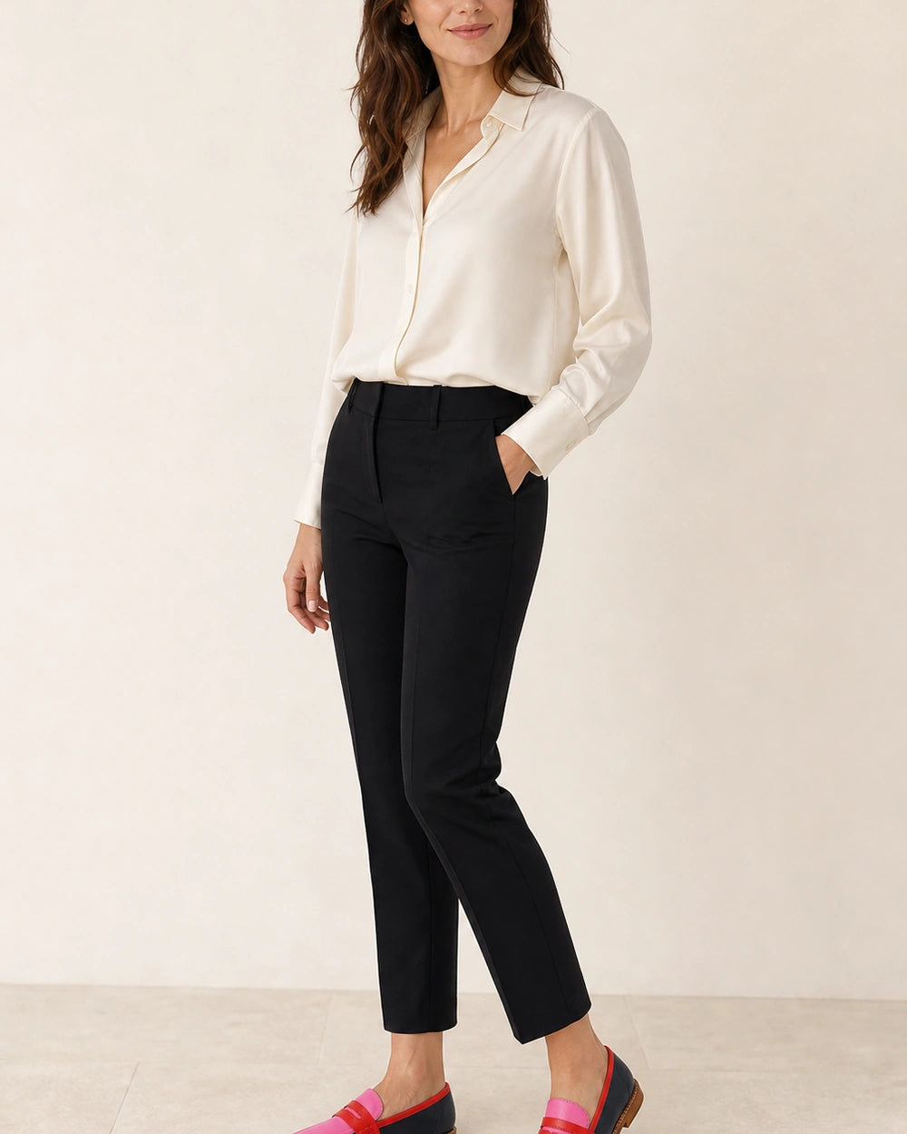 Women's Black and Pink Penny Loafers — worn by a model