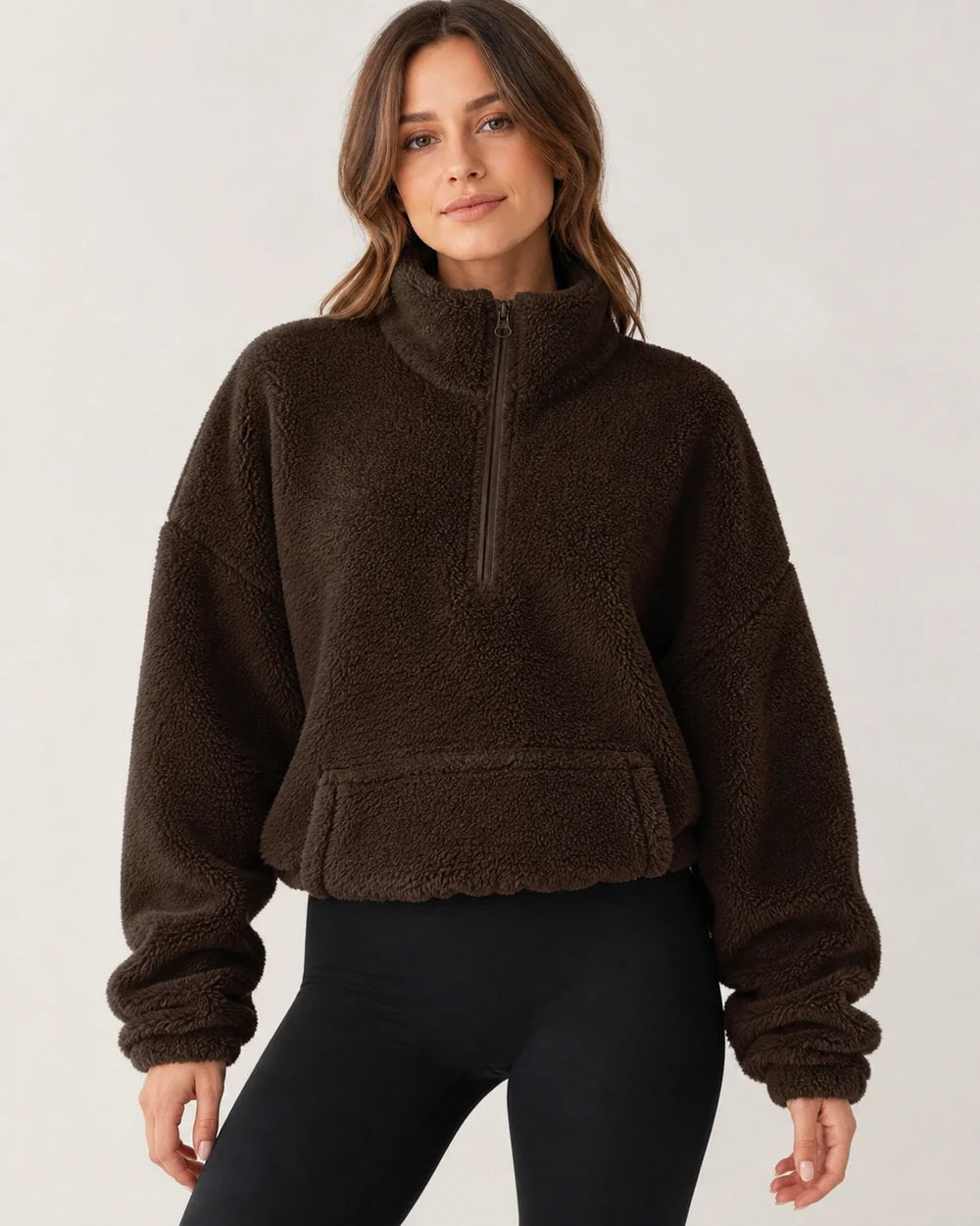 Women's coffee plush half-zip pullover, product-first worn front view