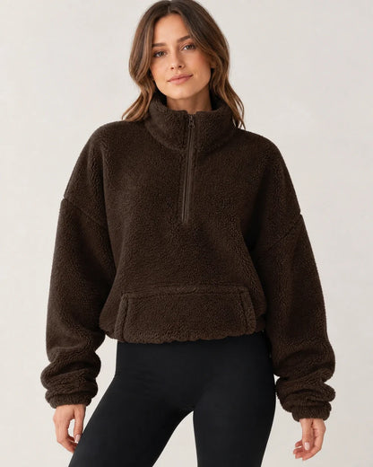 Women's coffee plush half-zip pullover, product-first worn front view