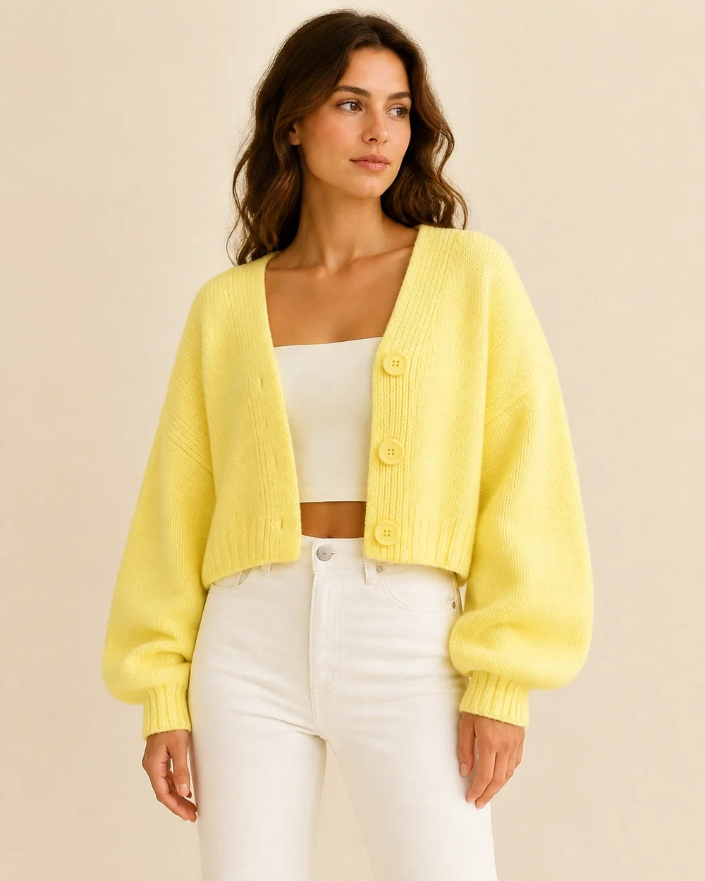 Women's yellow cropped balloon-sleeve cardigan, product-first worn front view