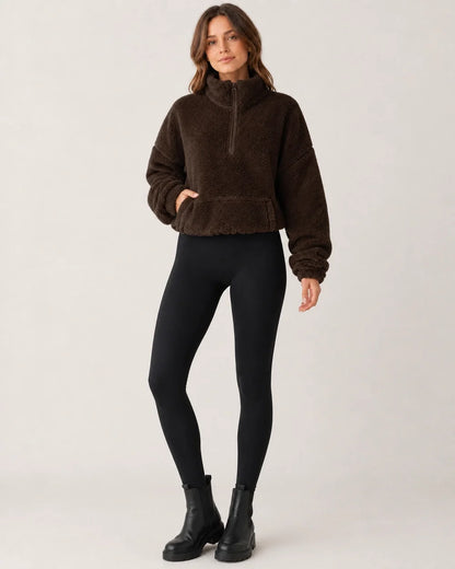 Women's coffee plush half-zip pullover, full-length view