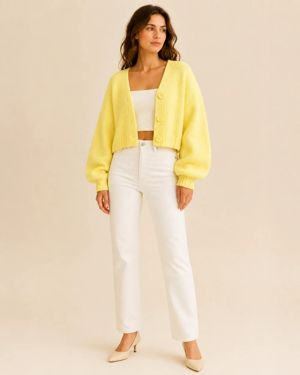 Women's yellow cropped balloon-sleeve cardigan, full-length styled view