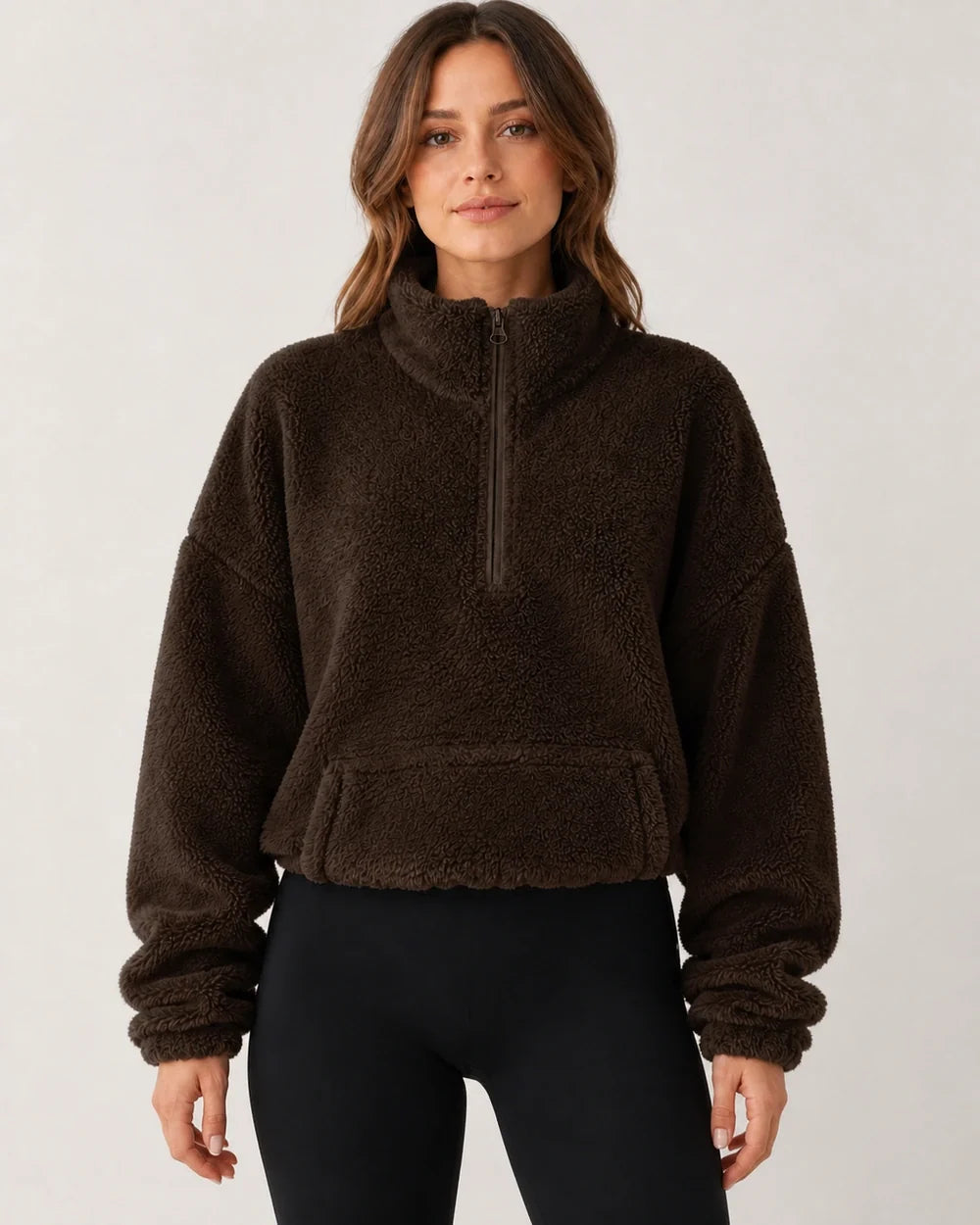 Women's coffee plush half-zip pullover, straight front view
