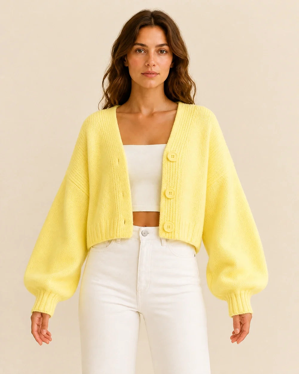 Women's yellow cropped balloon-sleeve cardigan, straight front view