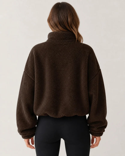 Women's coffee plush half-zip pullover, true back view