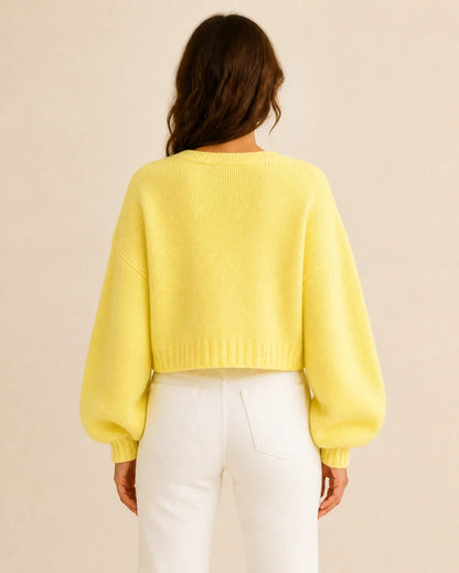 Women's yellow cropped balloon-sleeve cardigan, true back view