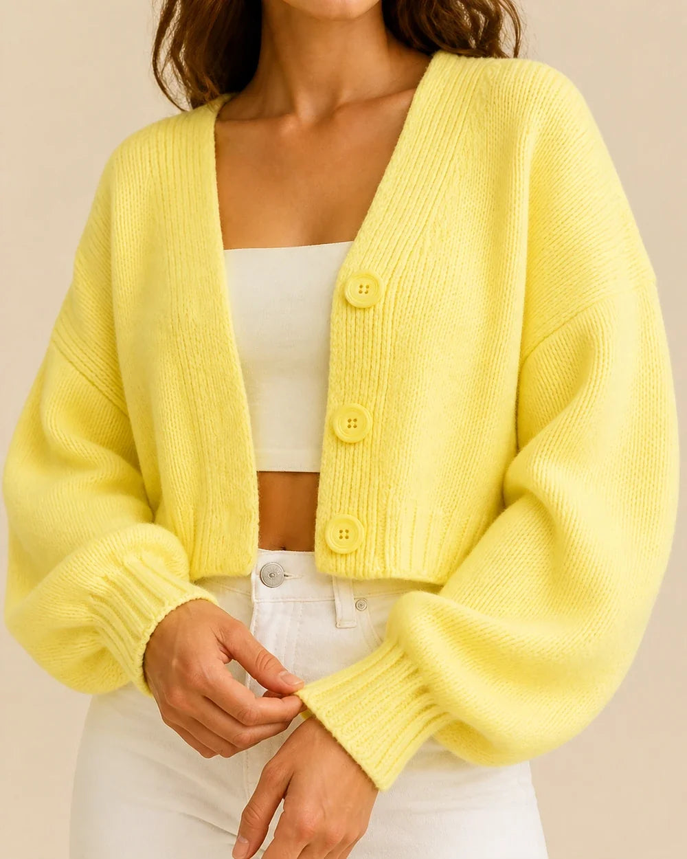 Women's yellow cropped balloon-sleeve cardigan, button and knit detail