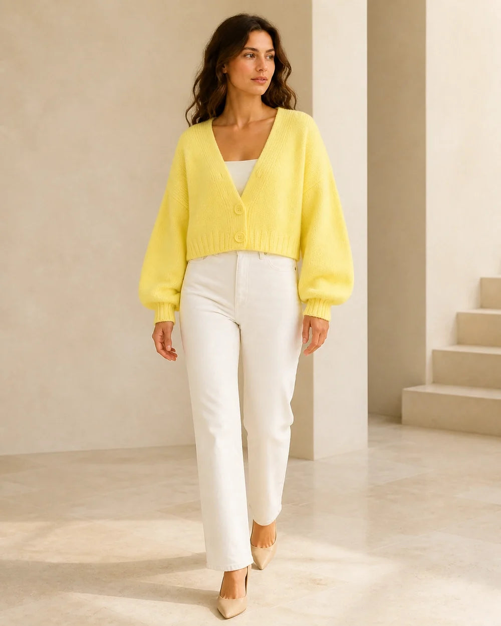 Women's yellow cropped balloon-sleeve cardigan, walking lifestyle view