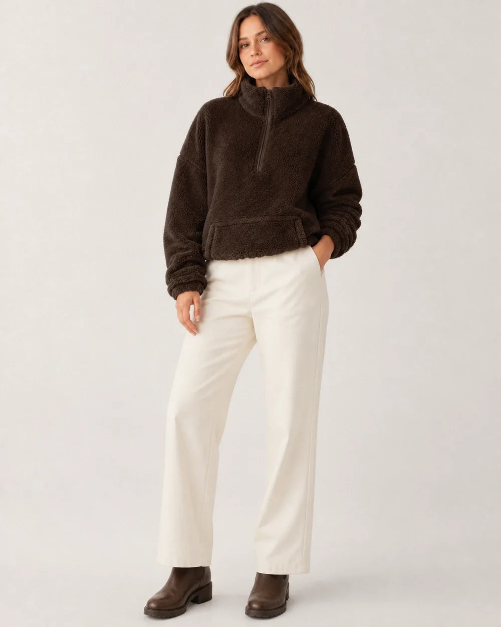 Women's coffee plush half-zip pullover, cream trouser styling