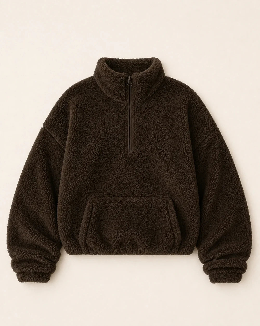 Women's coffee plush half-zip pullover, product-only flat lay