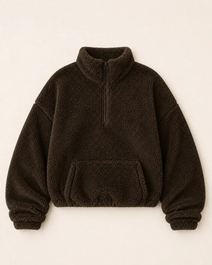 Women's coffee plush half-zip pullover, product-only flat lay