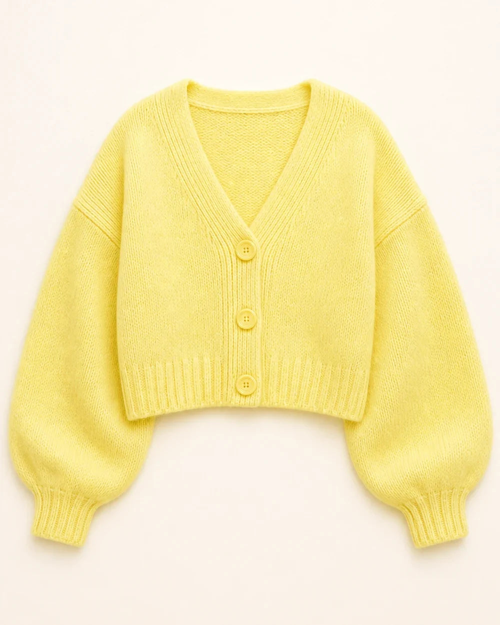 Women's yellow cropped balloon-sleeve cardigan, product-only flat lay