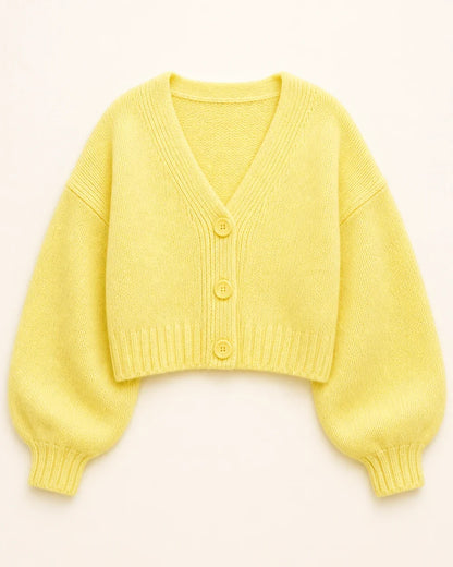 Women's yellow cropped balloon-sleeve cardigan, product-only flat lay