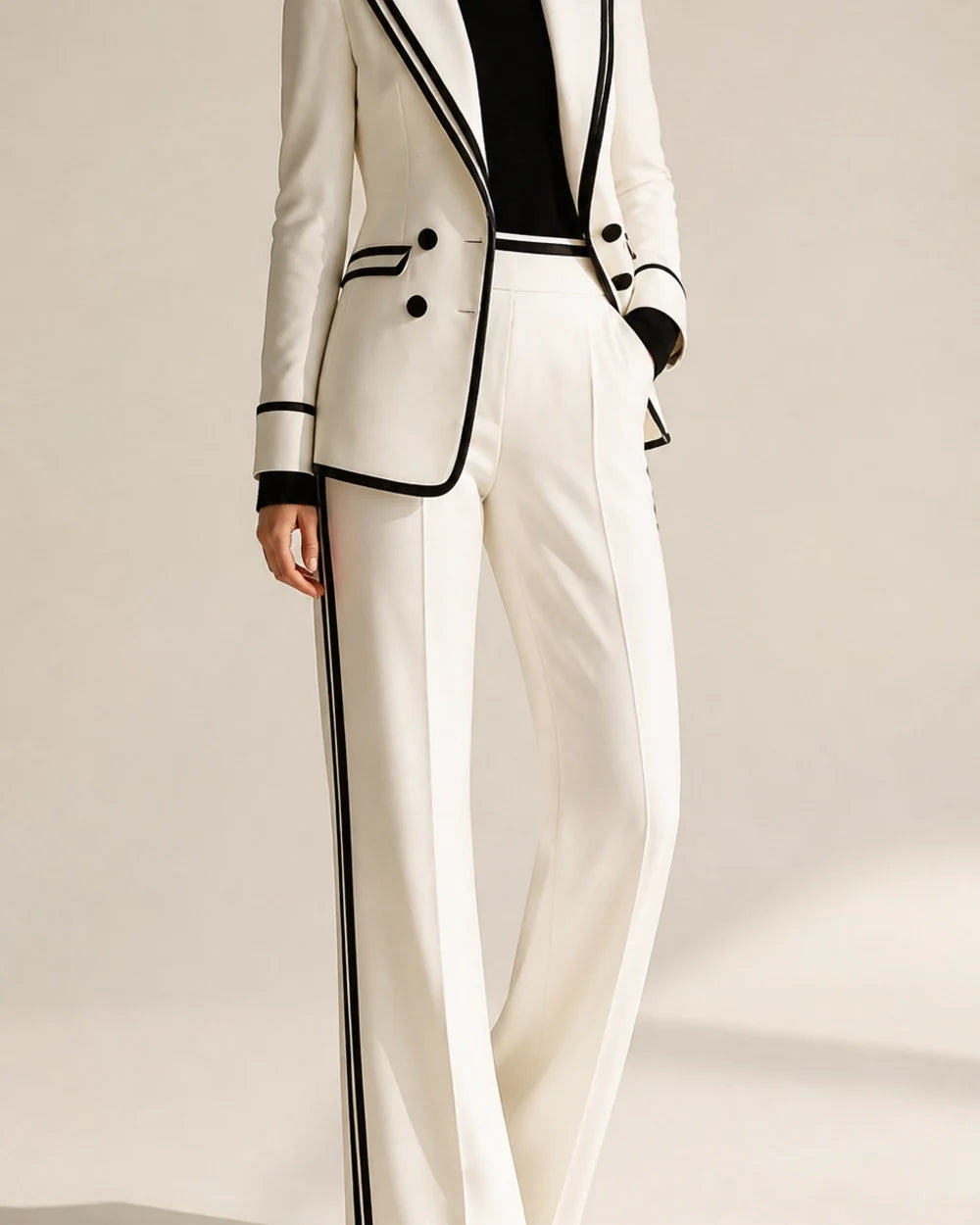 White color-block double-breasted blazer and trouser suit for women, worn hero view