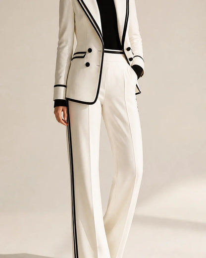 White color-block double-breasted blazer and trouser suit for women, worn hero view