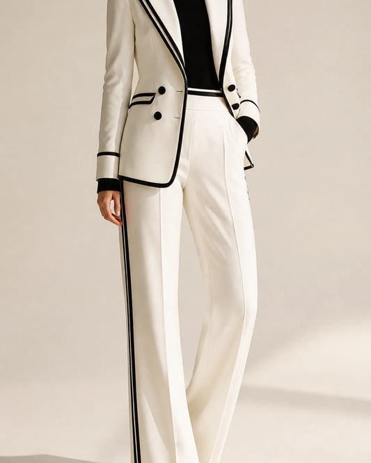 White color-block double-breasted blazer and trouser suit for women, worn hero view