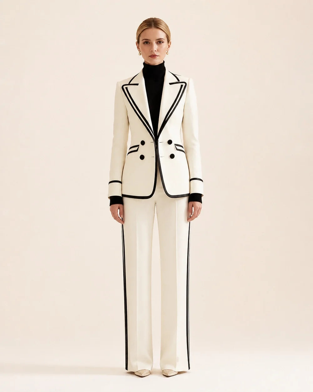 White color-block double-breasted blazer and trouser suit for women, front view