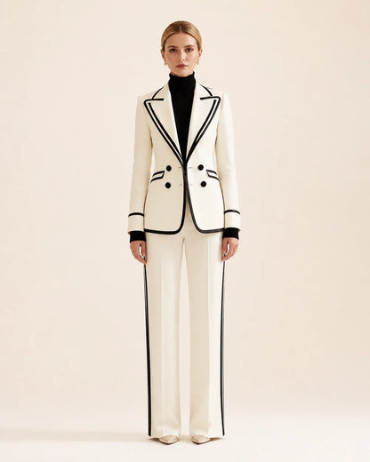 White color-block double-breasted blazer and trouser suit for women, front view