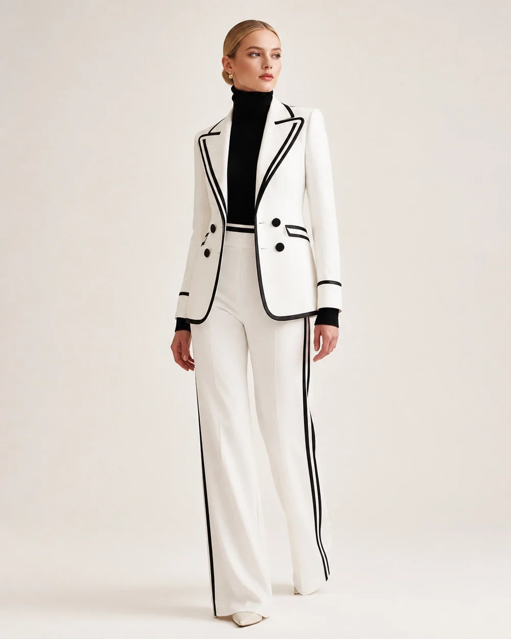 White color-block double-breasted blazer and trouser suit for women, three-quarter view