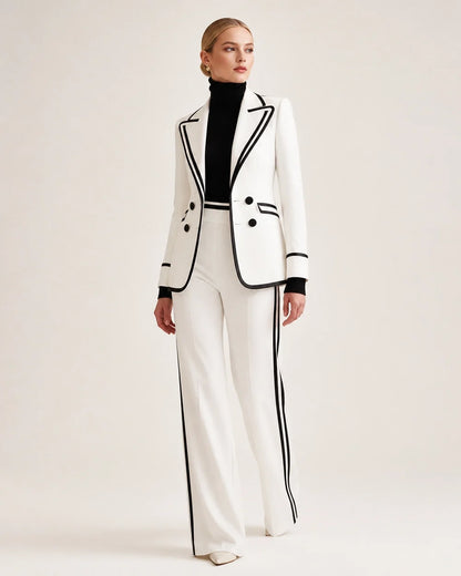 White color-block double-breasted blazer and trouser suit for women, three-quarter view