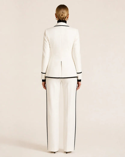 White color-block double-breasted blazer and trouser suit for women, back view