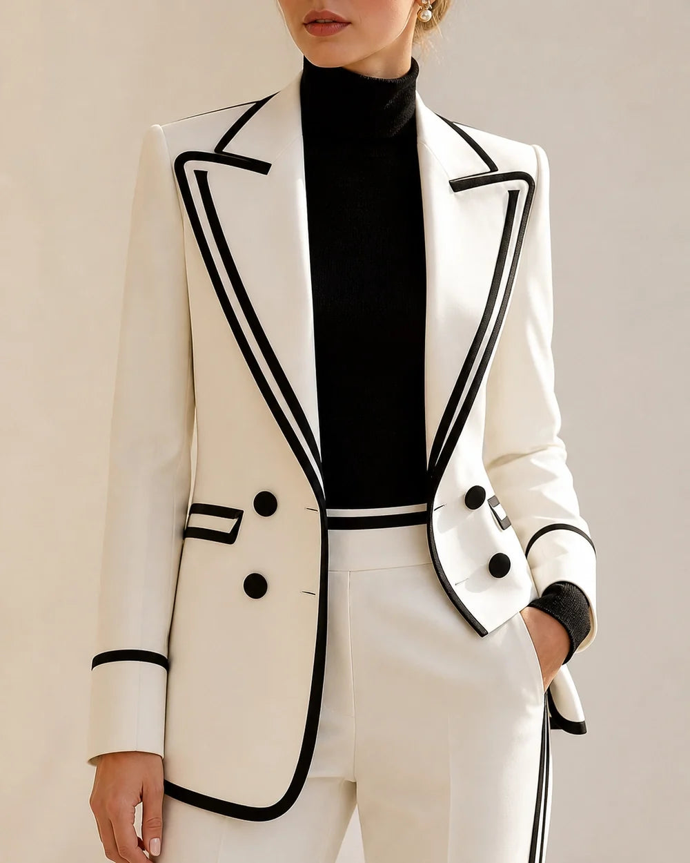 White color-block blazer black piping and button detail