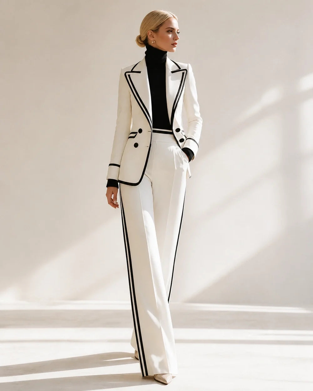 White color-block double-breasted suit for women, walking view
